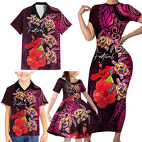Pasifika Festival Family Matching Short Sleeve Bodycon Dress and Hawaiian Shirt Plumeria Turtles with Hibiscus - Polynesian Art Tattoo Pink Color LT03 - Polynesian Pride