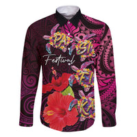 Pasifika Festival Family Matching Tank Maxi Dress and Hawaiian Shirt Plumeria Turtles with Hibiscus - Polynesian Art Tattoo Pink Color LT03 Dad's Shirt - Long Sleeve Pink - Polynesian Pride