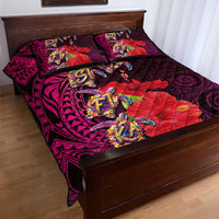 Pasifika Festival Quilt Bed Set Plumeria Turtles with Hibiscus - Polynesian Art Tattoo Pink Color