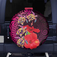 Pasifika Festival Spare Tire Cover Plumeria Turtles with Hibiscus - Polynesian Art Tattoo Pink Color