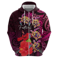 Pasifika Festival Zip Hoodie Plumeria Turtles with Hibiscus - Polynesian Art Tattoo Pink Color