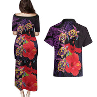 Pasifika Festival Couples Matching Puletasi and Hawaiian Shirt Plumeria Turtles with Hibiscus - Polynesian Art Tattoo Purple Color