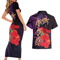 Pasifika Festival Couples Matching Short Sleeve Bodycon Dress and Hawaiian Shirt Plumeria Turtles with Hibiscus - Polynesian Art Tattoo Purple Color