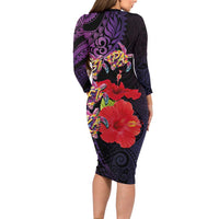 Pasifika Festival Family Matching Long Sleeve Bodycon Dress and Hawaiian Shirt Plumeria Turtles with Hibiscus - Polynesian Art Tattoo Purple Color LT03 - Polynesian Pride