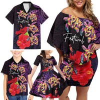 Pasifika Festival Family Matching Off Shoulder Short Dress and Hawaiian Shirt Plumeria Turtles with Hibiscus - Polynesian Art Tattoo Purple Color LT03 - Polynesian Pride