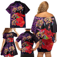 Pasifika Festival Family Matching Off Shoulder Short Dress and Hawaiian Shirt Plumeria Turtles with Hibiscus - Polynesian Art Tattoo Purple Color LT03 - Polynesian Pride