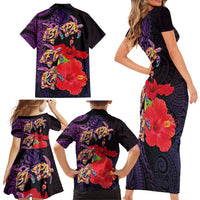 Pasifika Festival Family Matching Short Sleeve Bodycon Dress and Hawaiian Shirt Plumeria Turtles with Hibiscus - Polynesian Art Tattoo Purple Color LT03 - Polynesian Pride