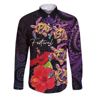 Pasifika Festival Family Matching Tank Maxi Dress and Hawaiian Shirt Plumeria Turtles with Hibiscus - Polynesian Art Tattoo Purple Color LT03 Dad's Shirt - Long Sleeve Purple - Polynesian Pride
