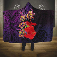 Pasifika Festival Hooded Blanket Plumeria Turtles with Hibiscus - Polynesian Art Tattoo Purple Color