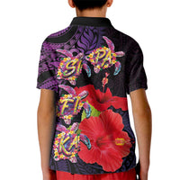 Pasifika Festival Kid Polo Shirt Plumeria Turtles with Hibiscus - Polynesian Art Tattoo Purple Color LT03 - Polynesian Pride