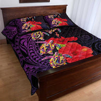 Pasifika Festival Quilt Bed Set Plumeria Turtles with Hibiscus - Polynesian Art Tattoo Purple Color