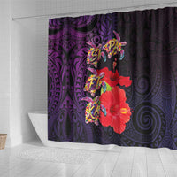 Pasifika Festival Shower Curtain Plumeria Turtles with Hibiscus - Polynesian Art Tattoo Purple Color