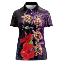 Pasifika Festival Women Polo Shirt Plumeria Turtles with Hibiscus - Polynesian Art Tattoo Purple Color