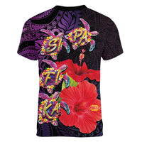 Pasifika Festival Women V-Neck T-Shirt Plumeria Turtles with Hibiscus - Polynesian Art Tattoo Purple Color LT03 - Polynesian Pride