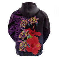 Pasifika Festival Zip Hoodie Plumeria Turtles with Hibiscus - Polynesian Art Tattoo Purple Color