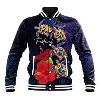 Pasifika Festival Baseball Jacket Plumeria Turtles with Hibiscus - Polynesian Art Tattoo Dark Navy Color LT03 Unisex Dark Navy - Polynesian Pride