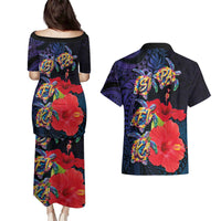 Pasifika Festival Couples Matching Puletasi and Hawaiian Shirt Plumeria Turtles with Hibiscus - Polynesian Art Tattoo Dark Navy Color