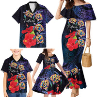 Pasifika Festival Family Matching Mermaid Dress and Hawaiian Shirt Plumeria Turtles with Hibiscus - Polynesian Art Tattoo Dark Navy Color LT03 - Polynesian Pride
