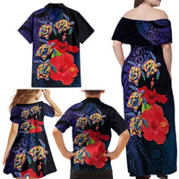 Pasifika Festival Family Matching Off Shoulder Maxi Dress and Hawaiian Shirt Plumeria Turtles with Hibiscus - Polynesian Art Tattoo Dark Navy Color LT03 - Polynesian Pride