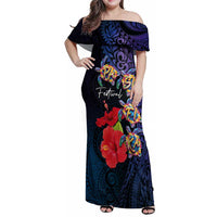 Pasifika Festival Family Matching Off Shoulder Maxi Dress and Hawaiian Shirt Plumeria Turtles with Hibiscus - Polynesian Art Tattoo Dark Navy Color LT03 Mom's Dress Dark Navy - Polynesian Pride
