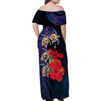 Pasifika Festival Family Matching Off Shoulder Maxi Dress and Hawaiian Shirt Plumeria Turtles with Hibiscus - Polynesian Art Tattoo Dark Navy Color LT03 - Polynesian Pride