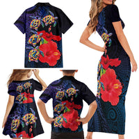 Pasifika Festival Family Matching Short Sleeve Bodycon Dress and Hawaiian Shirt Plumeria Turtles with Hibiscus - Polynesian Art Tattoo Dark Navy Color LT03 - Polynesian Pride