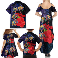 Pasifika Festival Family Matching Summer Maxi Dress and Hawaiian Shirt Plumeria Turtles with Hibiscus - Polynesian Art Tattoo Dark Navy Color LT03 - Polynesian Pride