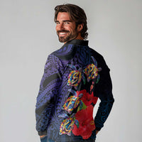 Pasifika Festival Long Sleeve Polo Shirt Plumeria Turtles with Hibiscus - Polynesian Art Tattoo Dark Navy Color LT03 - Polynesian Pride