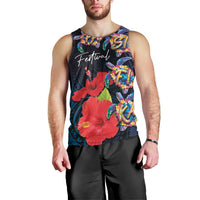 Pasifika Festival Men Tank Top Plumeria Turtles with Hibiscus - Polynesian Art Tattoo Dark Navy Color