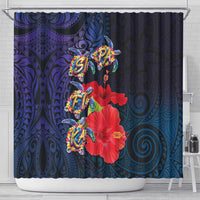 Pasifika Festival Shower Curtain Plumeria Turtles with Hibiscus - Polynesian Art Tattoo Dark Navy Color