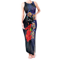 Pasifika Festival Tank Maxi Dress Plumeria Turtles with Hibiscus - Polynesian Art Tattoo Dark Navy Color