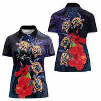 Pasifika Festival Women Polo Shirt Plumeria Turtles with Hibiscus - Polynesian Art Tattoo Dark Navy Color