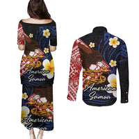 American Samoa Flag Day Couples Matching Puletasi and Long Sleeve Button Shirt Polynesian Tatau Art and Plumeria