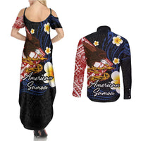 American Samoa Flag Day Couples Matching Summer Maxi Dress and Long Sleeve Button Shirt Polynesian Tatau Art and Plumeria