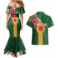 Manuʻa Islands Couples Matching Mermaid Dress and Hawaiian Shirt Polynesian Style with Rooster Tattoo and Tropical Plants