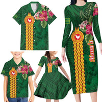 Manuʻa Islands Family Matching Long Sleeve Bodycon Dress and Hawaiian Shirt Polynesian Style with Rooster Tattoo and Tropical Plants