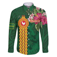 Manuʻa Islands Family Matching Off Shoulder Maxi Dress and Hawaiian Shirt Polynesian Style with Rooster Tattoo and Tropical Plants