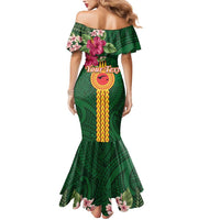 Manuʻa Islands Mermaid Dress Polynesian Style with Rooster Tattoo and Tropical Plants