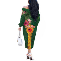 Manuʻa Islands Off The Shoulder Long Sleeve Dress Polynesian Style with Rooster Tattoo and Tropical Plants
