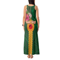 Manuʻa Islands Tank Maxi Dress Polynesian Style with Rooster Tattoo and Tropical Plants