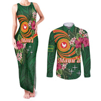 Manuʻa Islands Couples Matching Tank Maxi Dress and Long Sleeve Button Shirt Polynesian Art Tattoo Style and Tropical Plants