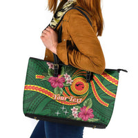 Personalised Manuʻa Islands Leather Tote Bag Polynesian Art Tattoo Style and Tropical Plants LT03 Green - Polynesian Pride