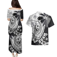 Hafa Adai Guam Couples Matching Puletasi and Hawaiian Shirt Polynesian Palm Tree Tattoo Hibiscus and Plumeria Art