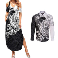 Hafa Adai Guam Couples Matching Summer Maxi Dress and Long Sleeve Button Shirt Polynesian Palm Tree Tattoo Hibiscus and Plumeria Art