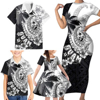 Hafa Adai Guam Family Matching Short Sleeve Bodycon Dress and Hawaiian Shirt Polynesian Palm Tree Tattoo Hibiscus and Plumeria Art