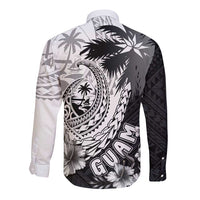 Hafa Adai Guam Long Sleeve Button Shirt Polynesian Palm Tree Tattoo Hibiscus and Plumeria Art
