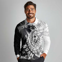 Hafa Adai Guam Long Sleeve Polo Shirt Polynesian Palm Tree Tattoo Hibiscus and Plumeria Art