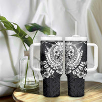 Hafa Adai Guam Tumbler With Handle Polynesian Palm Tree Tattoo Hibiscus and Plumeria Art