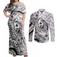 Guam-Land of the Chamorro Couples Matching Off Shoulder Maxi Dress and Long Sleeve Button Shirt Polynesian Tattoo Style Hibiscus and Plumeria Art