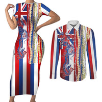 Hawaiian Sea Animals Couples Matching Short Sleeve Bodycon Dress and Long Sleeve Button Shirt with Lei and Flag Style LT03 Multicolor - Polynesian Pride